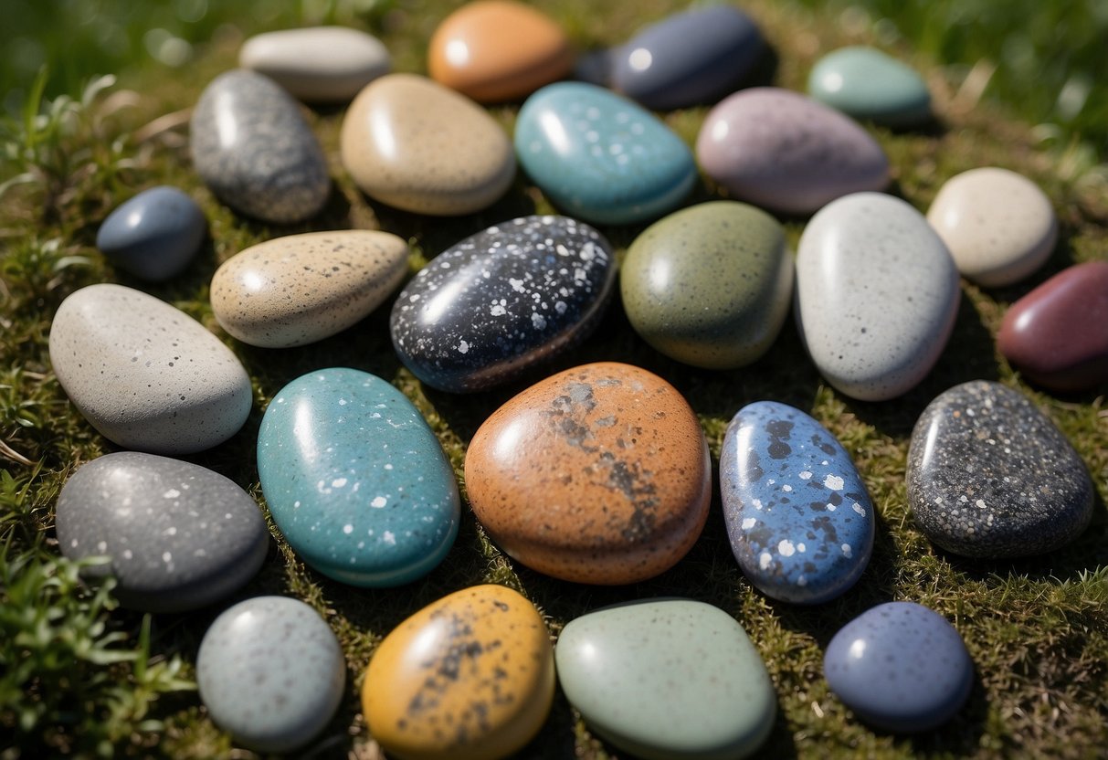 A variety of painted garden rocks are arranged in a lush outdoor setting, showcasing 18 unique rock projects ideas