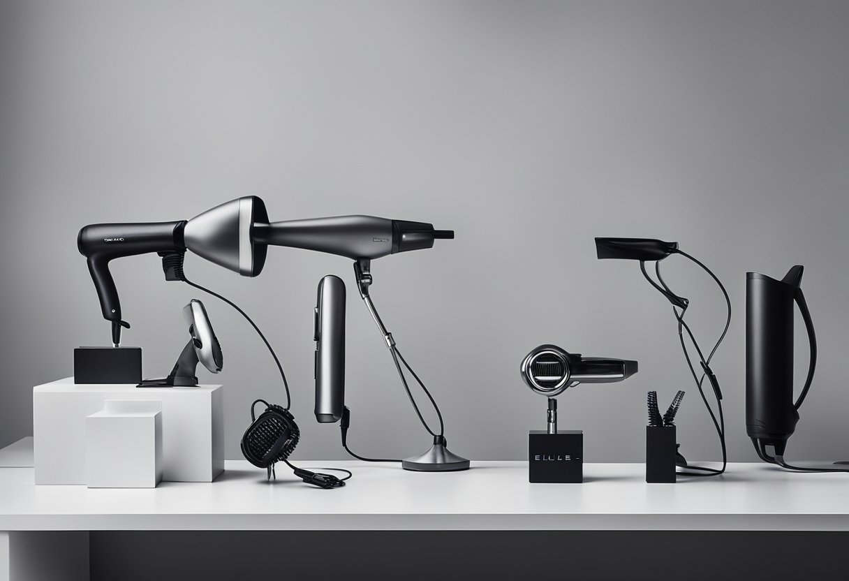 A collection of air styling tools arranged neatly on a sleek, modern countertop. Hairdryers, curling irons, and straighteners are visible, with cords neatly coiled