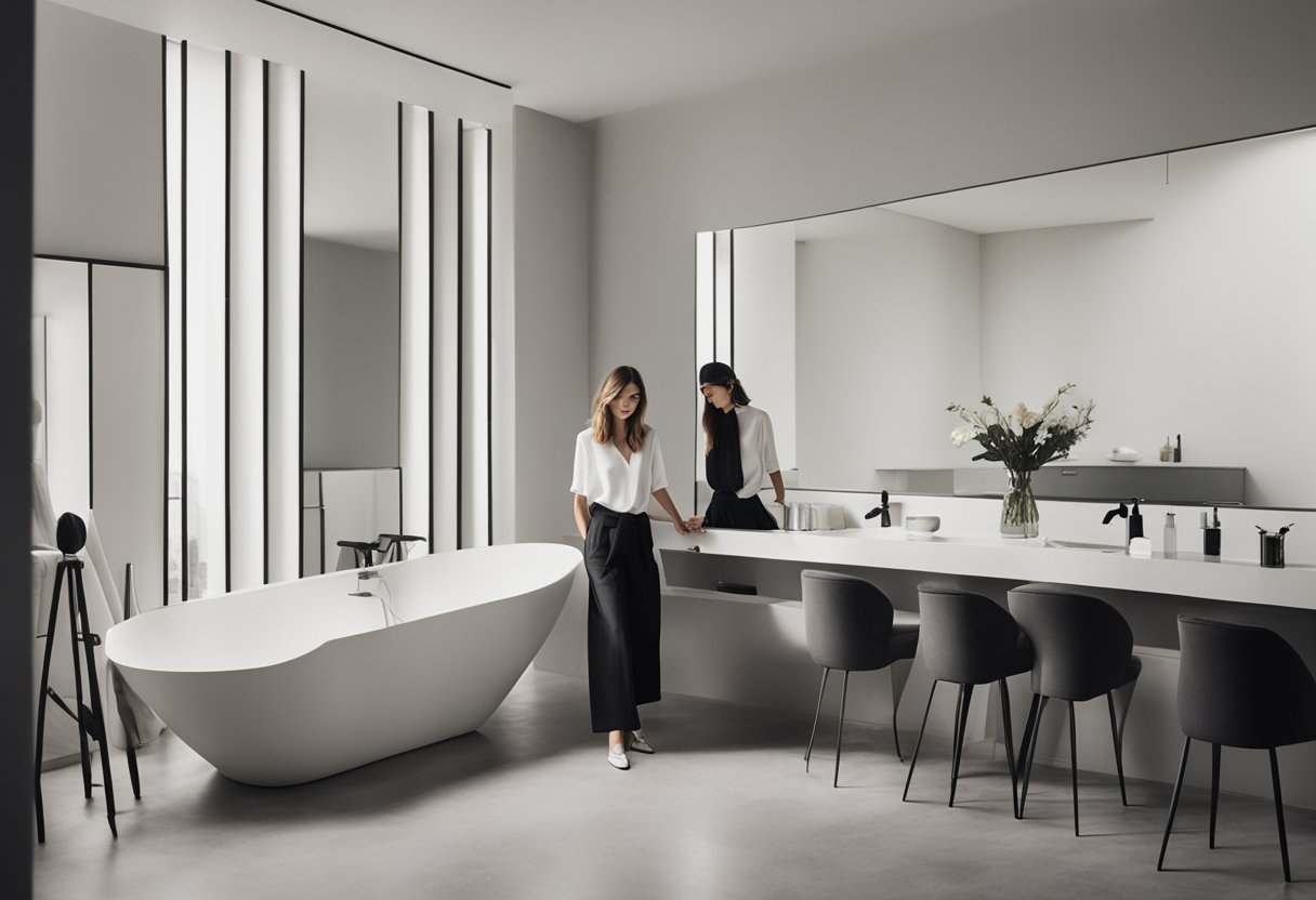 A sleek, modern bathroom counter with a variety of high-end hair styling tools neatly arranged for easy access