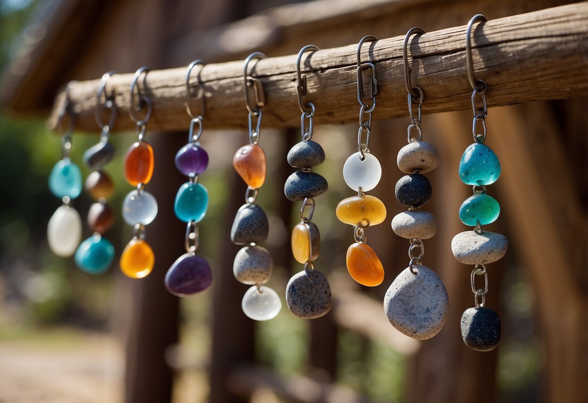 Colorful pebble keychains hanging from a rustic wooden display. Various rock project ideas showcased in the background