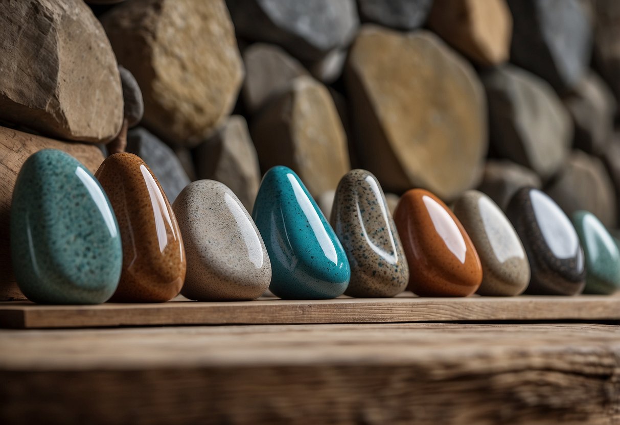 A collection of 18 rock doorstops, varying in size and color, arranged on a wooden shelf against a rustic stone wall