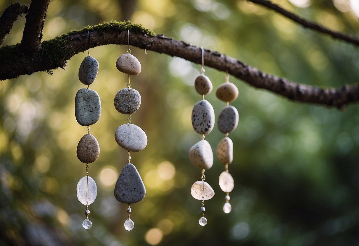 Rock wind chimes hanging from a sturdy tree branch, swaying gently in the breeze with various rock projects scattered around the base