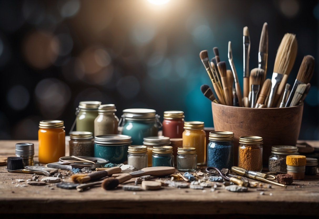 A table with various tools and materials for rock projects, including paint, brushes, rocks of different sizes, glue, and decorative elements