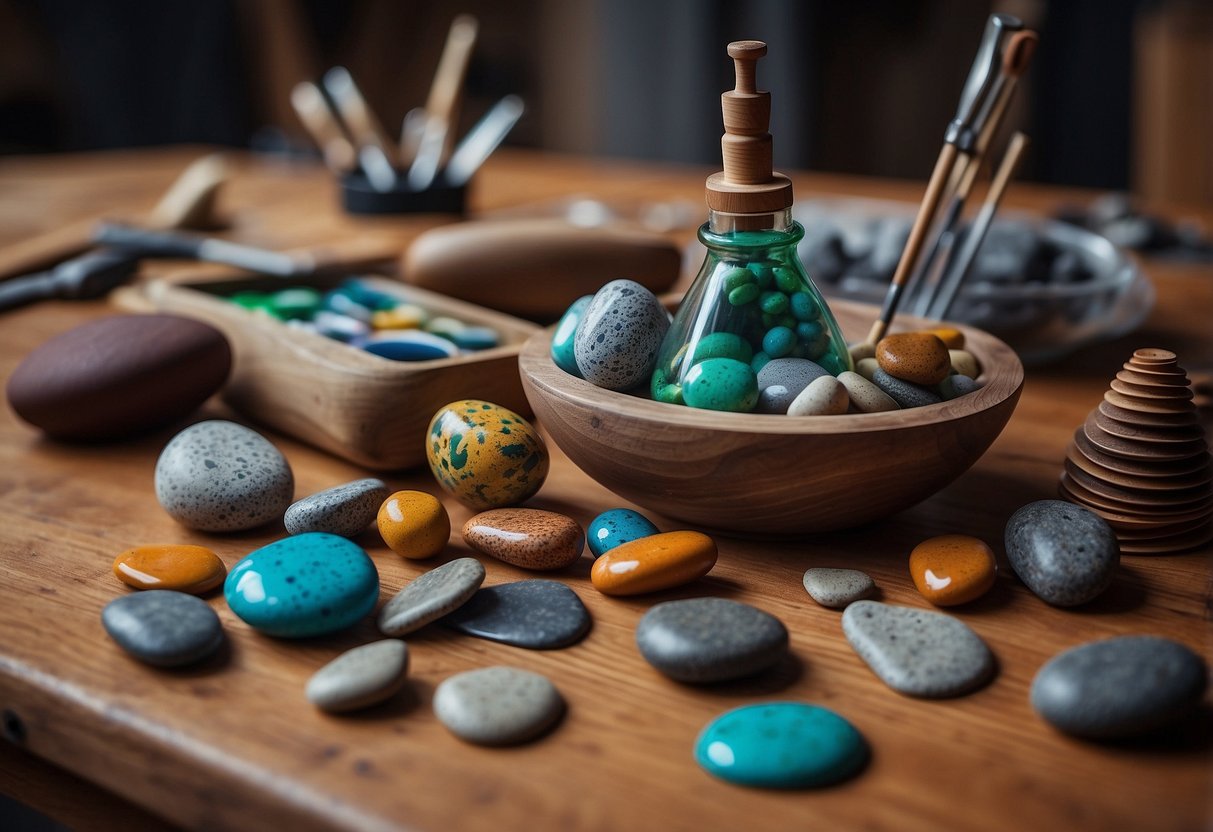 A collection of 18 rock project ideas, including painting, stacking, and carving, displayed on a rustic wooden table with various tools and materials scattered around