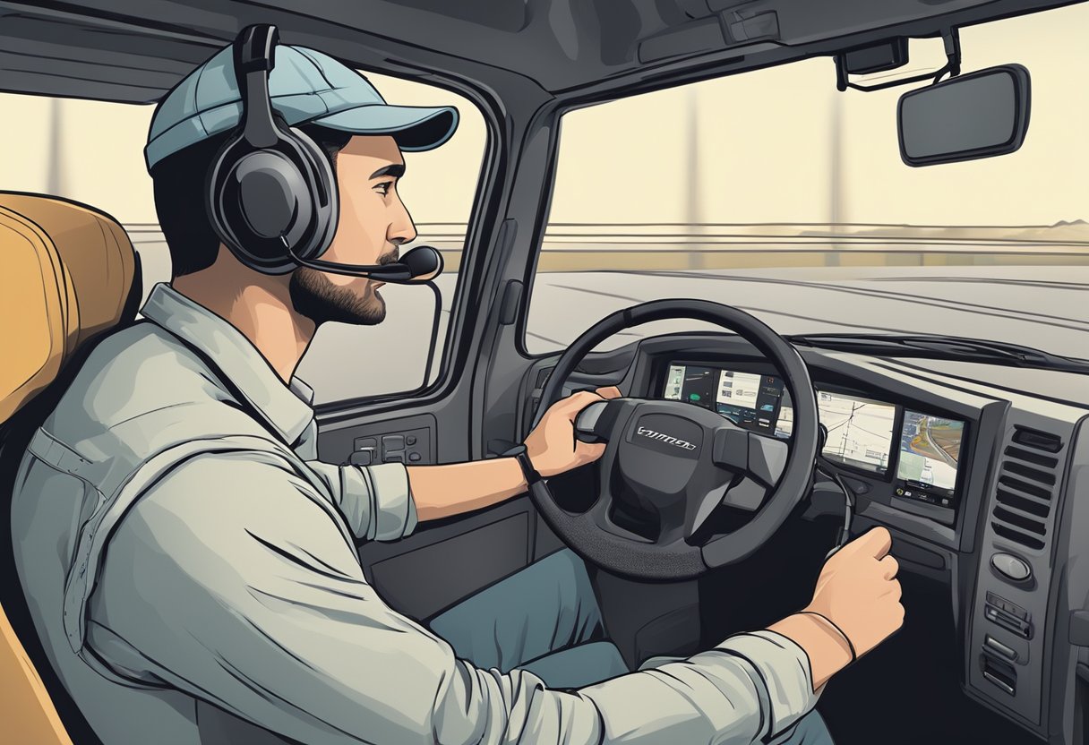 A truck driver wearing a specialized headset, communicating clearly while driving, with noise cancellation and hands-free operation