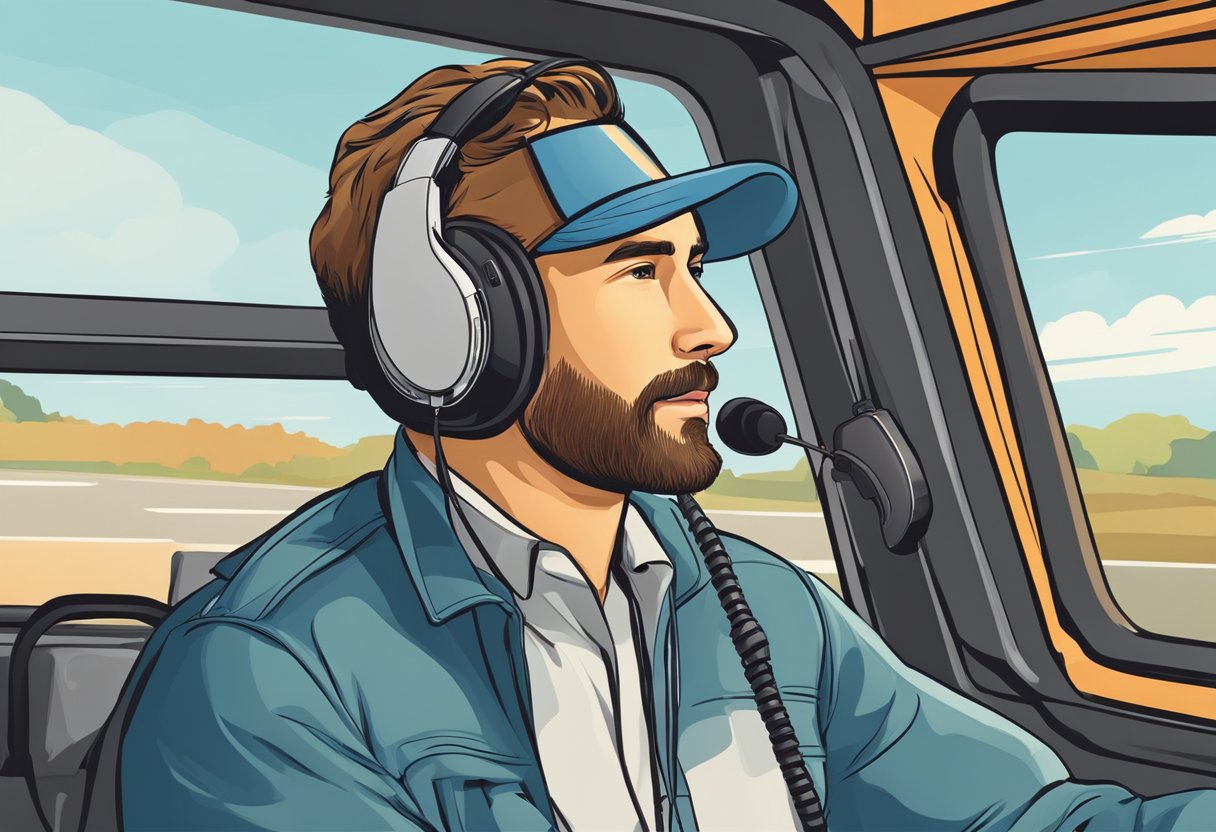 A trucker headset sits on a dashboard, noise-canceling microphone extended. Comfortable ear cushions and adjustable headband are visible. The headset allows for hands-free communication, enhancing safety and efficiency for truck drivers