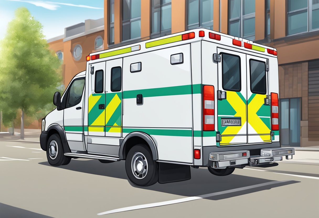 A basic ambulance parked with open back doors, medical equipment visible inside