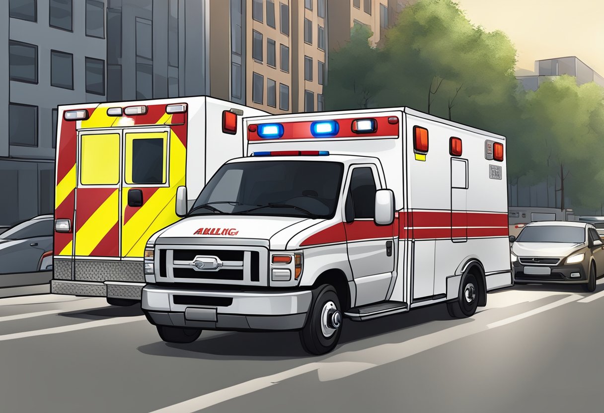 An ambulance parked at a scene with emergency lights flashing