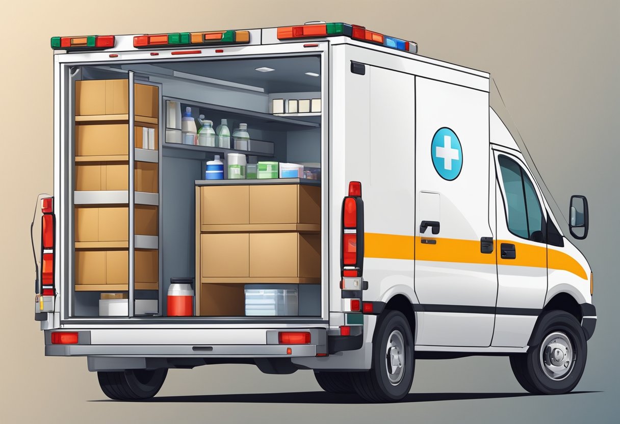 A basic ambulance parked with open back doors, stocked with medical supplies and equipment