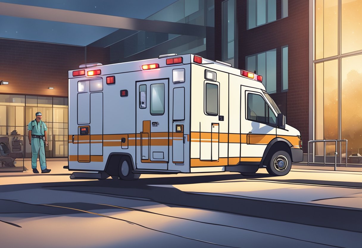 An ambulance parked outside a medical facility, with its lights flashing and the paramedics attending to a patient on a stretcher
