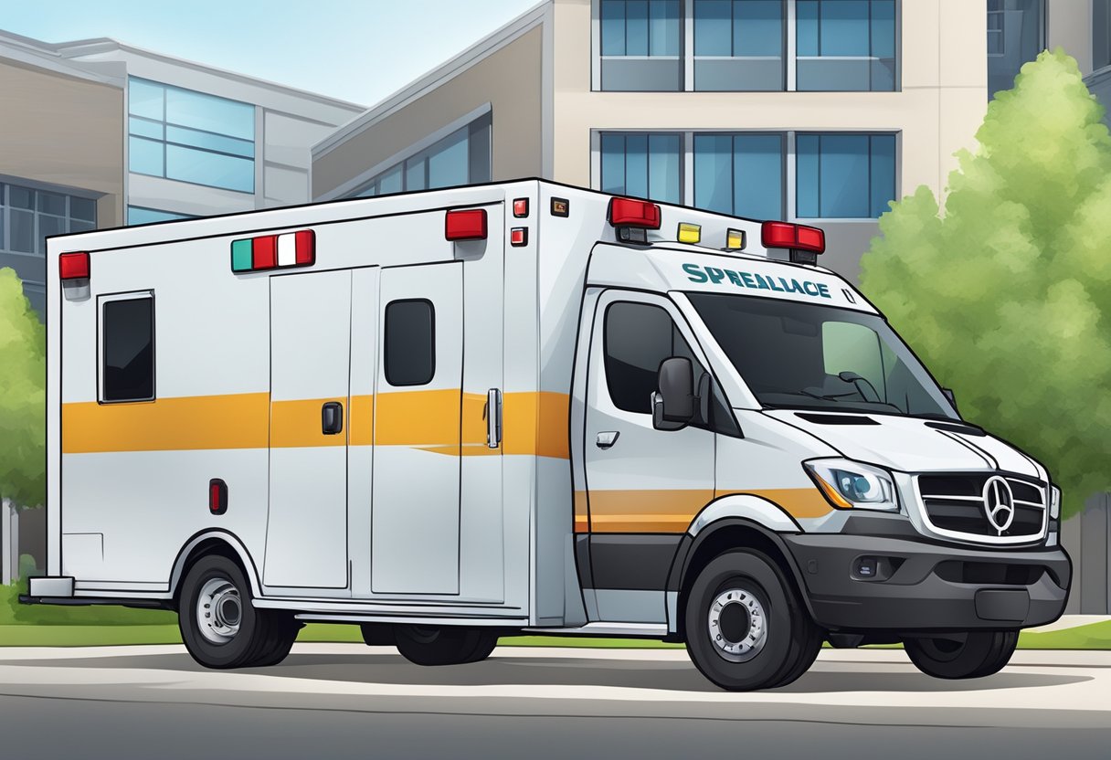 An ambulance with basic specialized services parked outside a medical facility