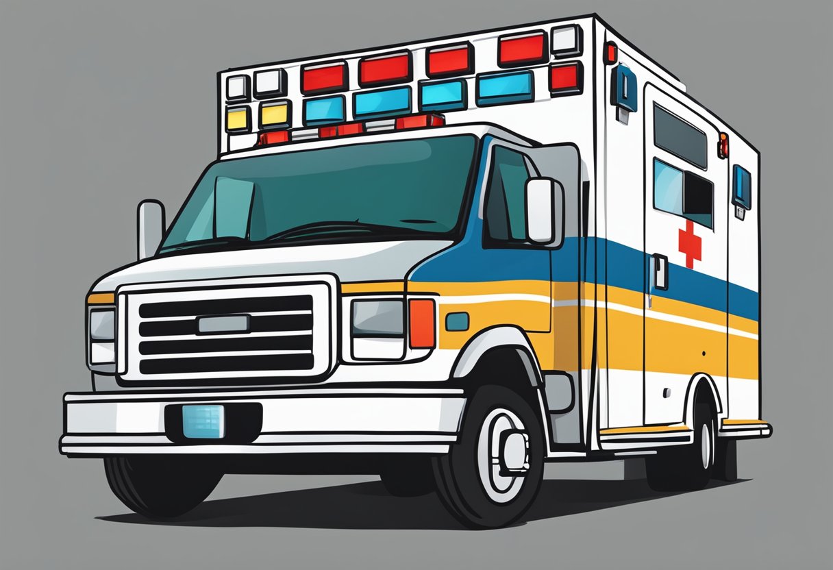 A basic ambulance parked outside a hospital with its lights flashing