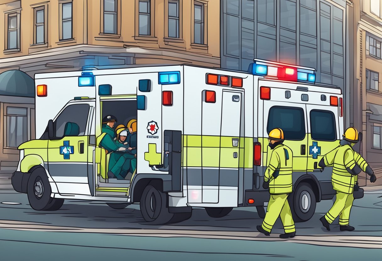 Ambulância Básica: Guia Essencial para Atendimento de Emergências 4 An ambulance with flashing lights and paramedics rushing to assist a patient on a stretcher