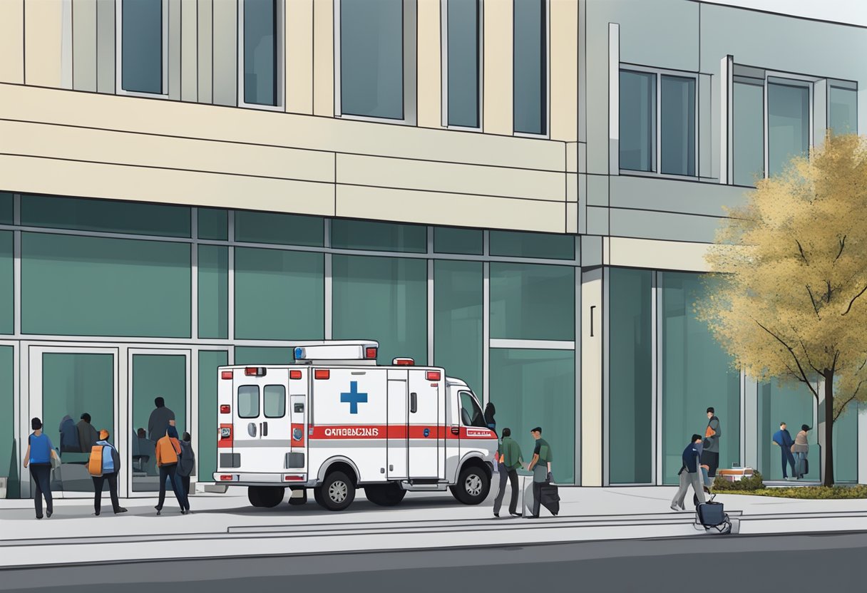 Ambulância Básica: Guia Essencial para Atendimento de Emergências 10 A basic ambulance parked outside a support network organization, with people coming in and out for assistance