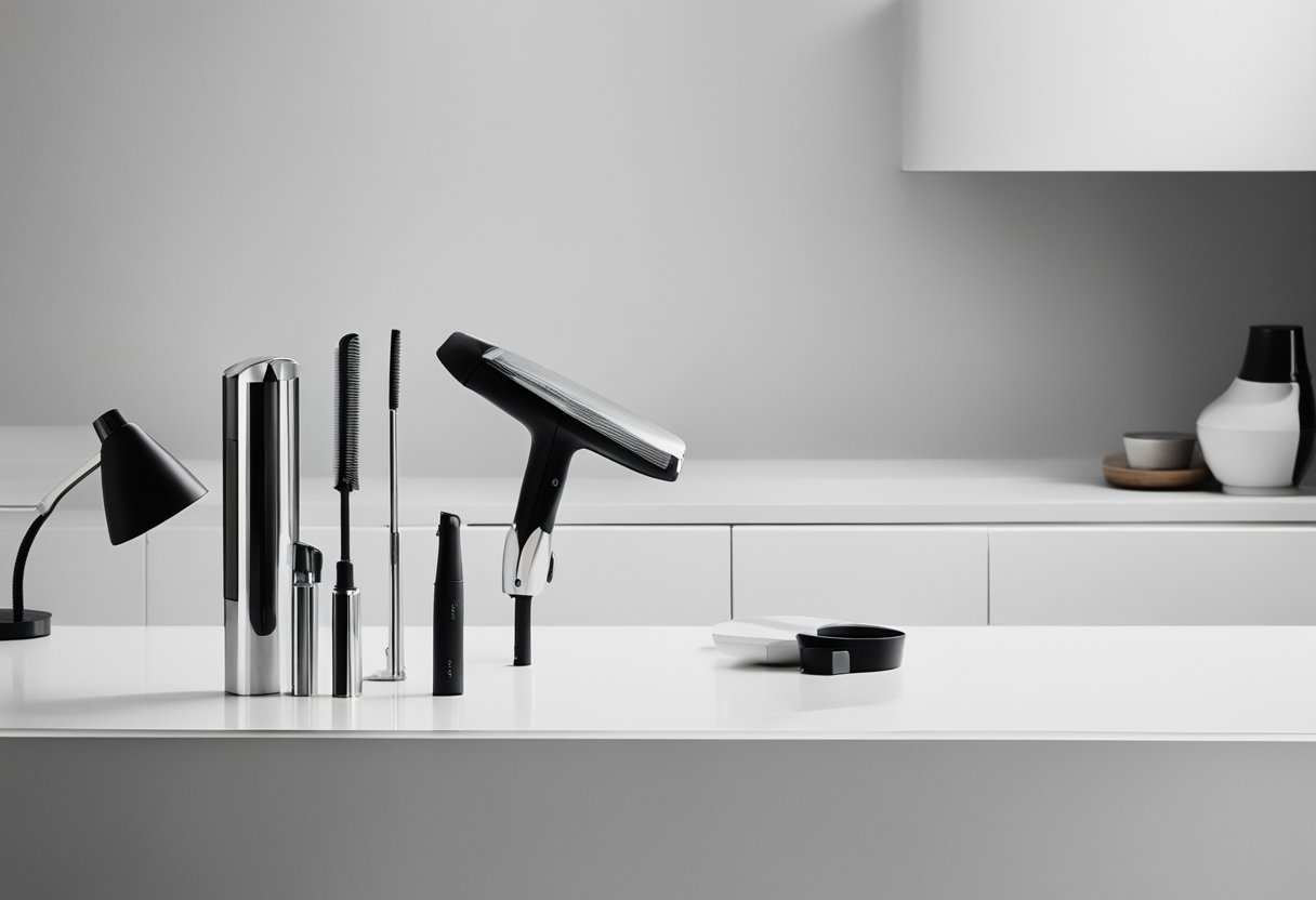 A sleek, modern hair styler tool on a clean, white countertop with soft lighting