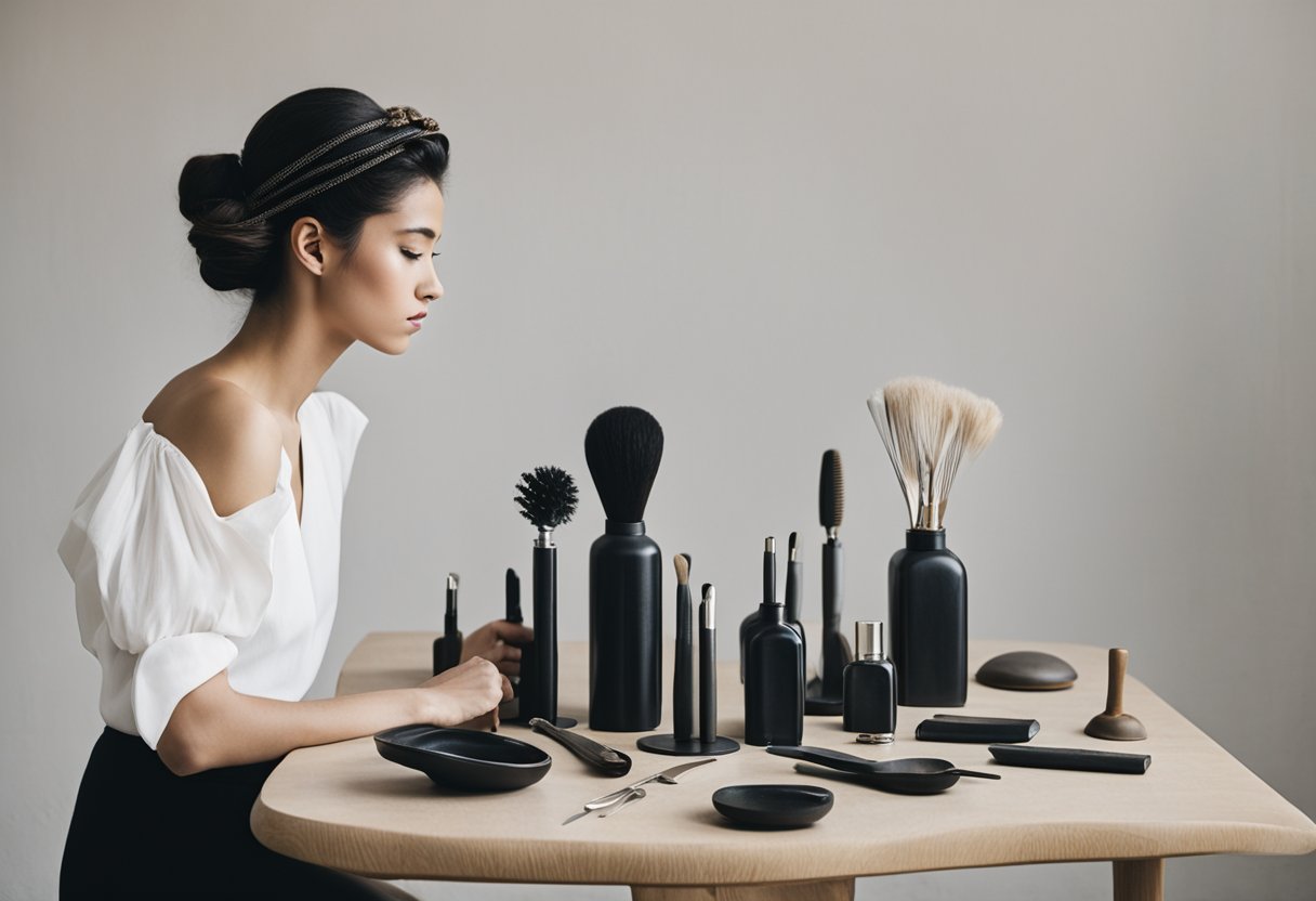 A table displays ancient to modern hair styling tools