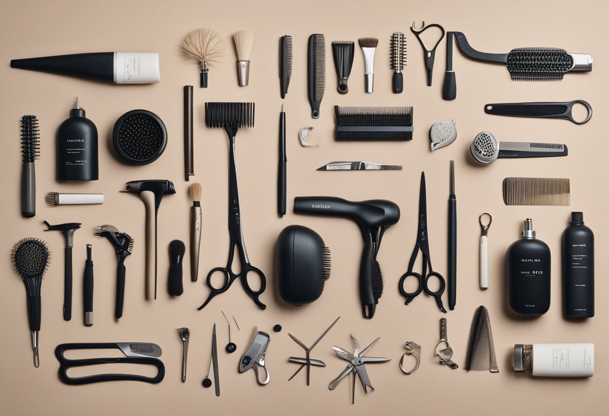 A variety of hair styling tools displayed on a clean, organized surface, with labels indicating different hair types