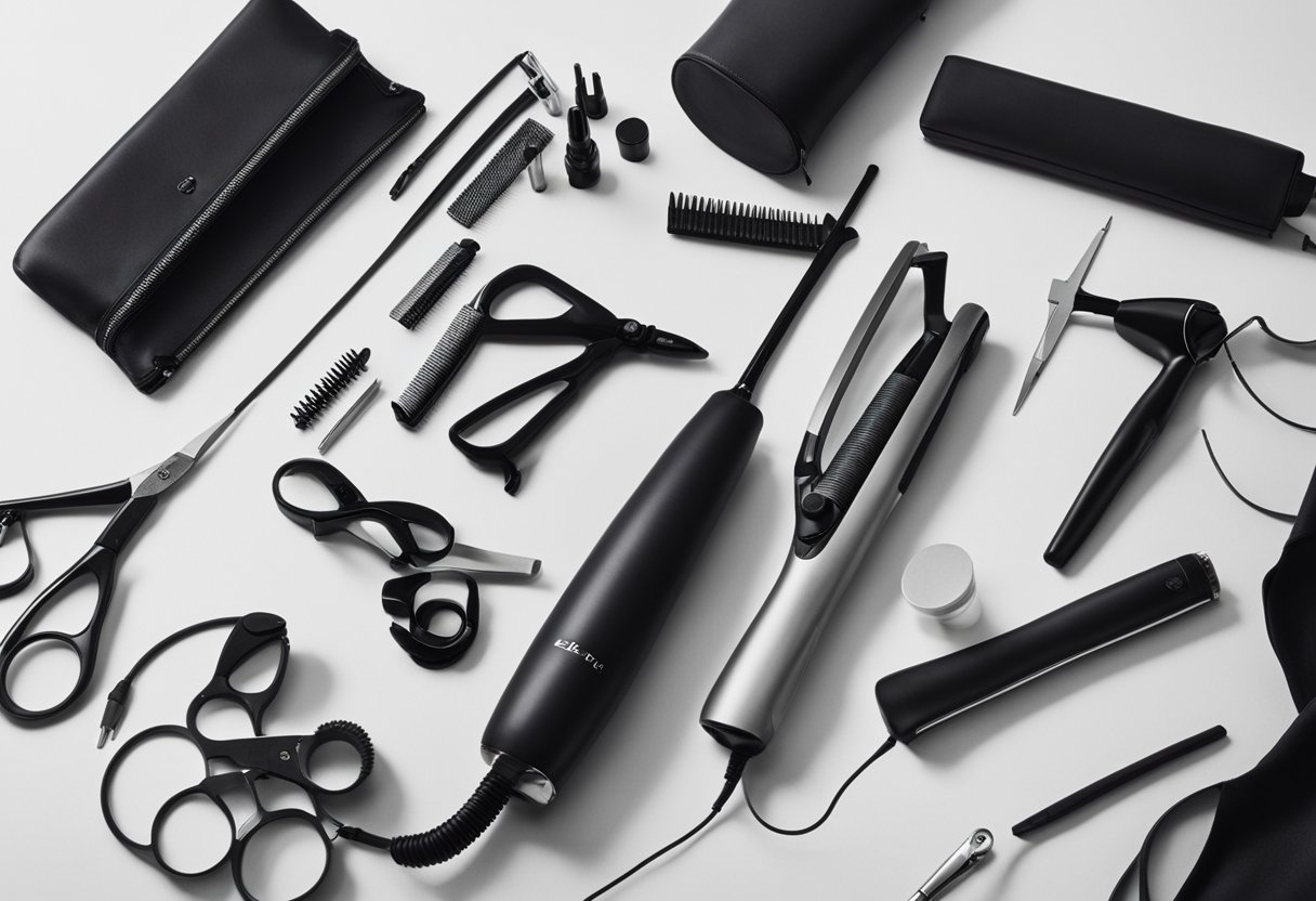 A table with various hair styling tools neatly arranged, including curling irons, straighteners, and blow dryers