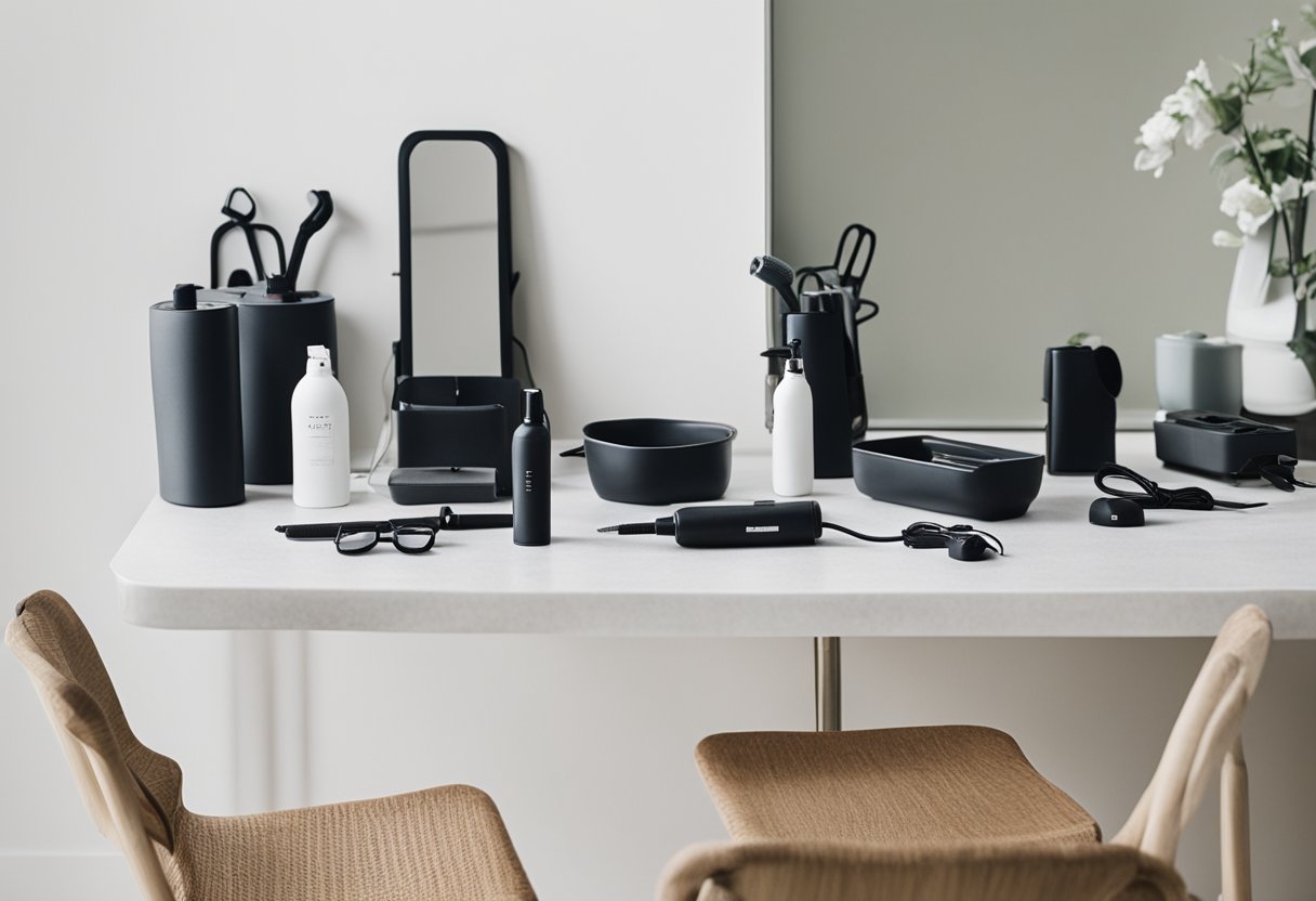 A countertop with neatly organized hair styling tools including a hair straightener, curling iron, and blow dryer. A cord organizer keeps everything tidy