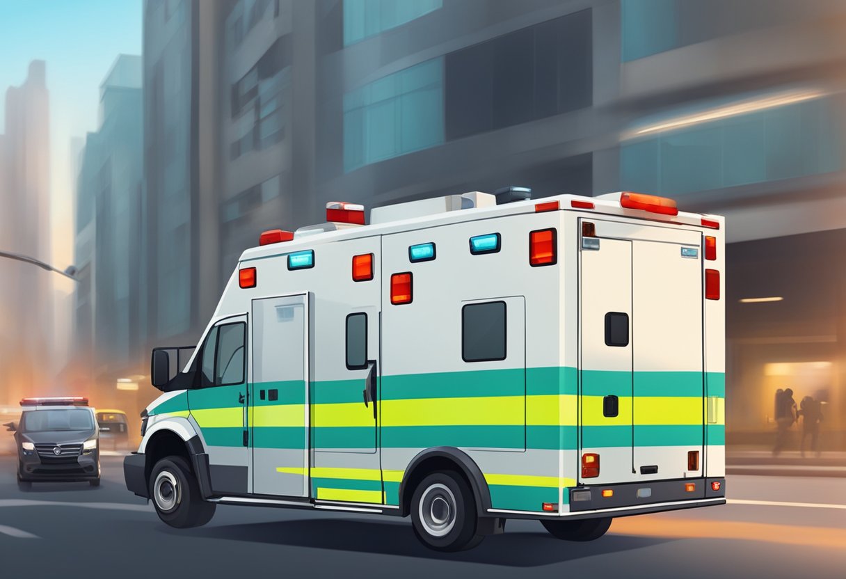 Ambulância com UTI: Cuidado Intensivo Móvel para Emergências 1 An ambulance with fully equipped mobile ICU rushing through traffic to provide critical care in pre-hospital emergency situations