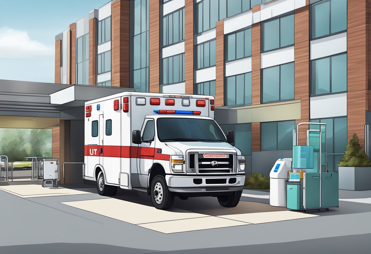 Ambulância com UTI: Cuidado Intensivo Móvel para Emergências 2 An ambulance with UTI equipment parked at a hospital entrance