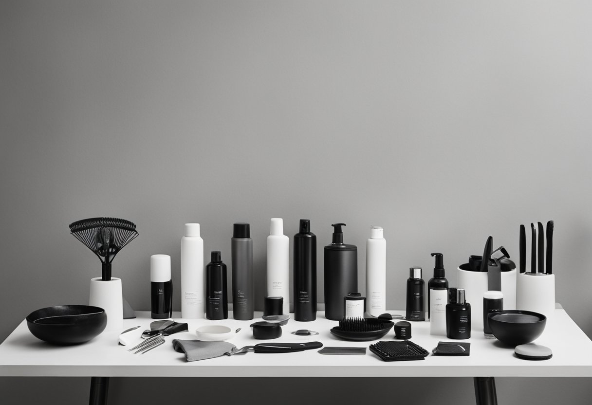 A table with various hair styling tools and products arranged neatly for display