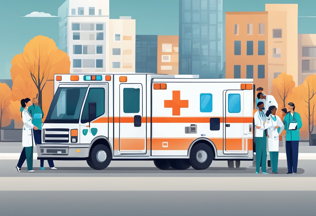 Ambulância com UTI: Cuidado Intensivo Móvel para Emergências 5 Healthcare professionals and an ambulance with a mobile ICU