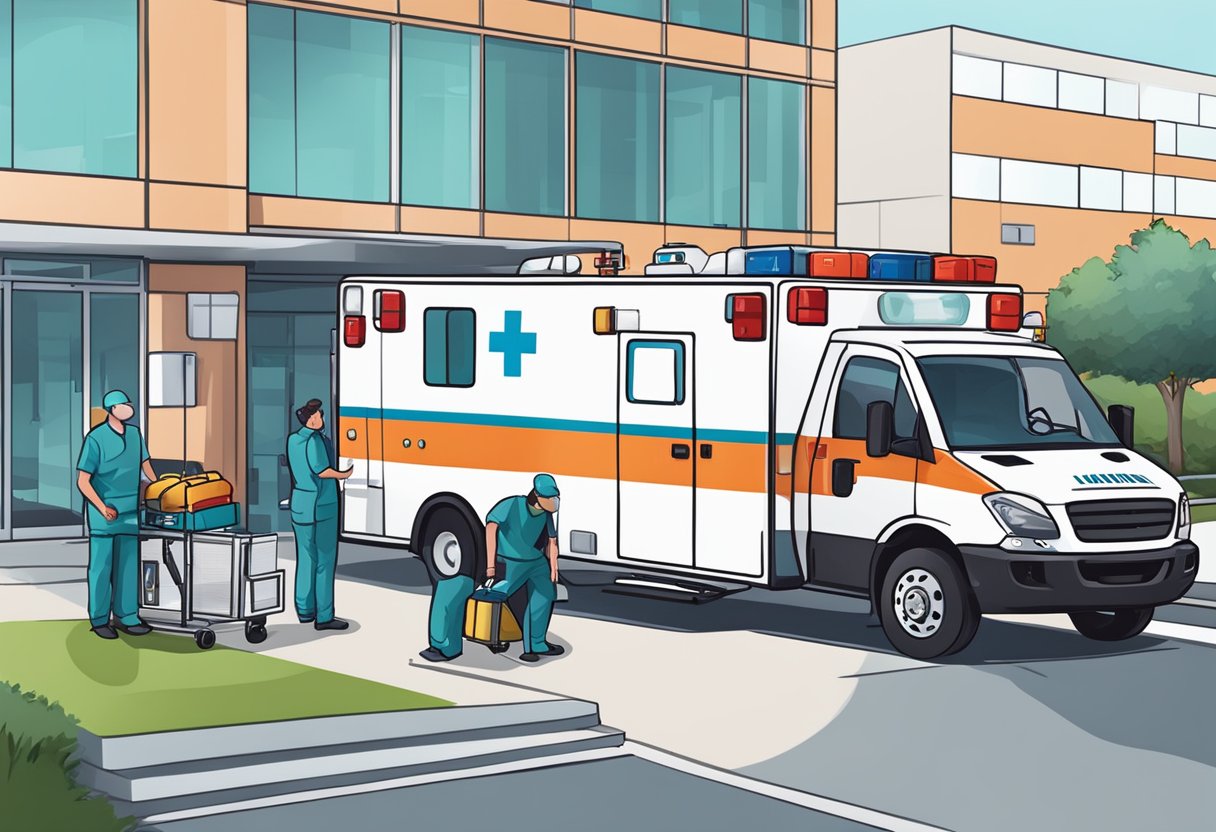 Ambulância com UTI: Cuidado Intensivo Móvel para Emergências 6 An ambulance with UTI equipment parked outside a hospital, with medical staff unloading supplies