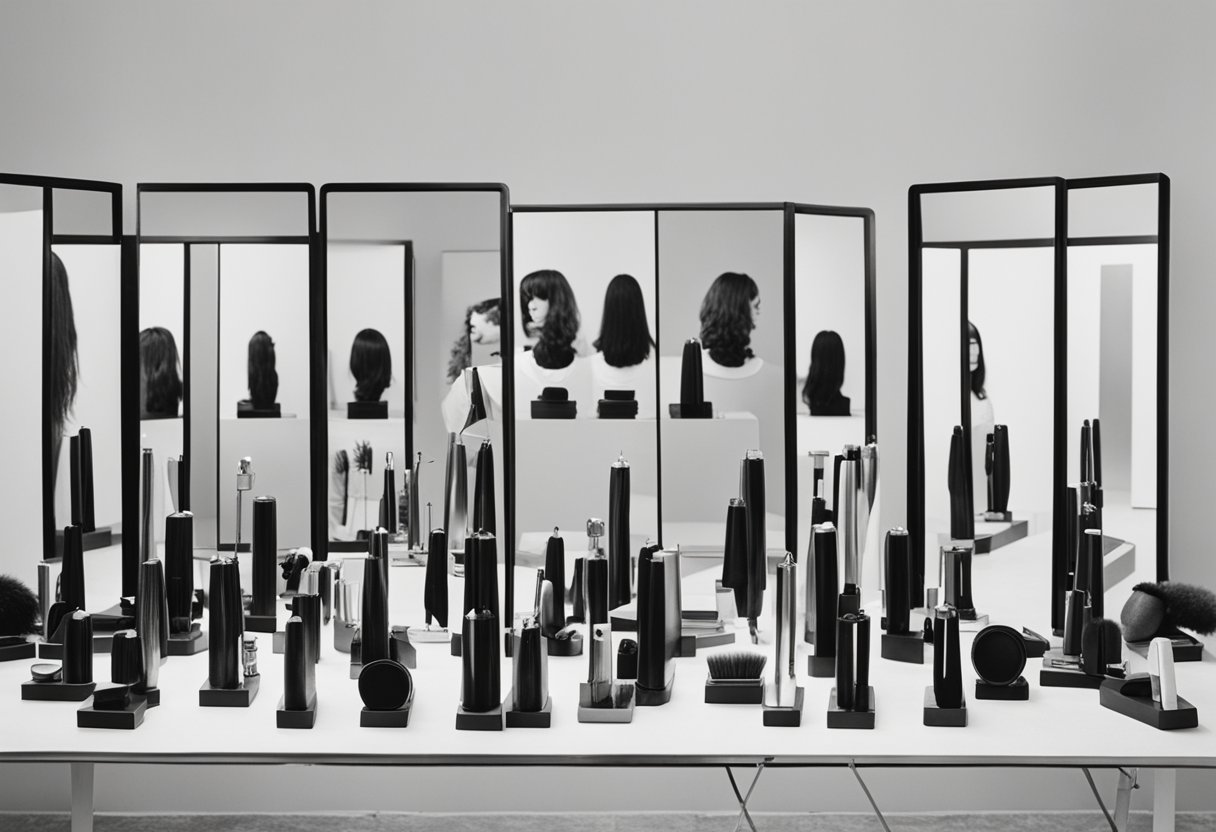 A variety of hair stylers displayed on a table with mirrors, each labeled for different face shapes