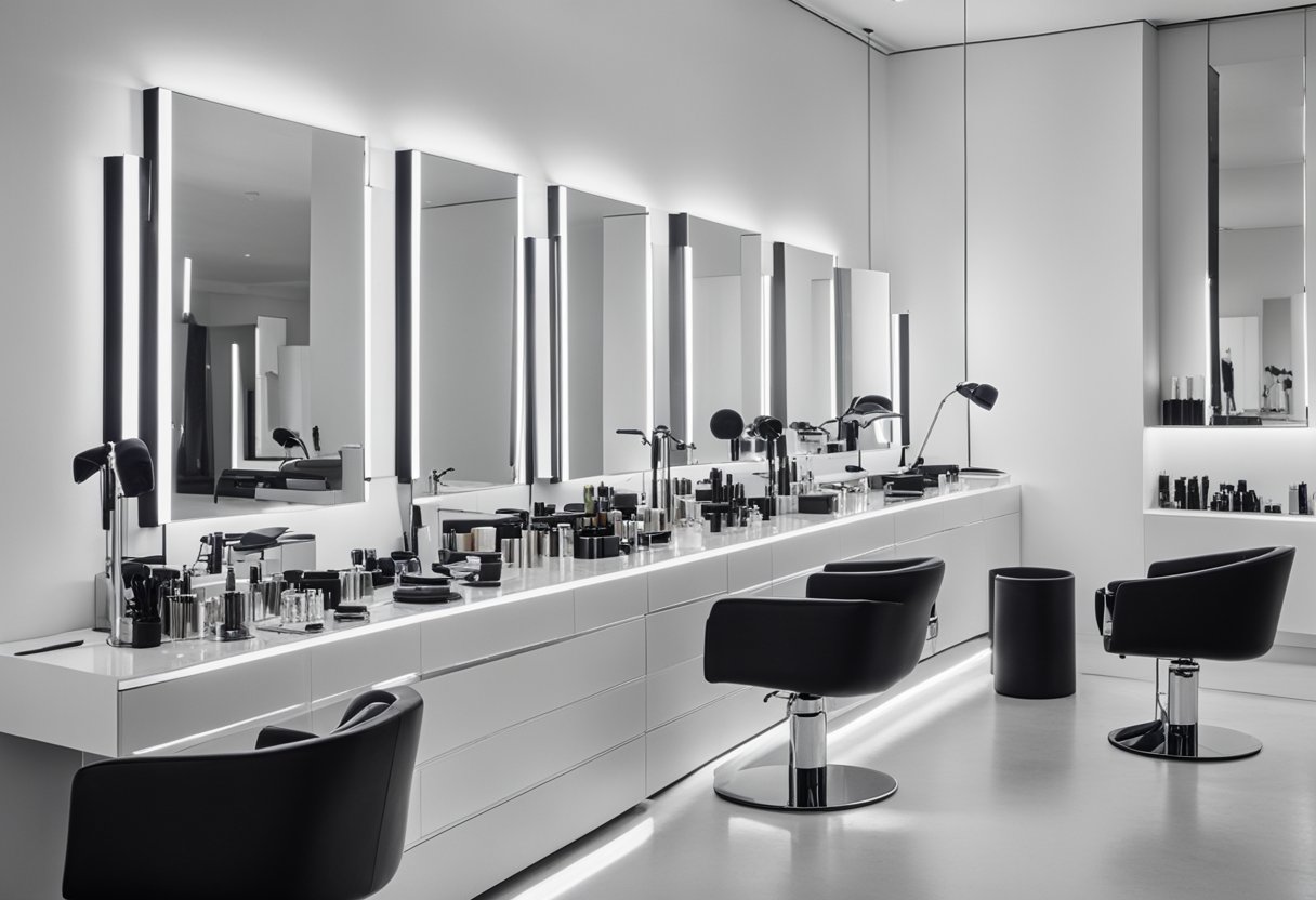 Various hair styling tools and products arranged neatly on a sleek, modern salon station. Mirrors reflect the clean, organized space