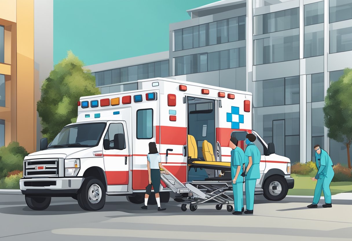 Ambulância com UTI: Cuidado Intensivo Móvel para Emergências 9 Ambulance with UTI equipment parked outside a hospital, with medical staff attending to a patient on a stretcher