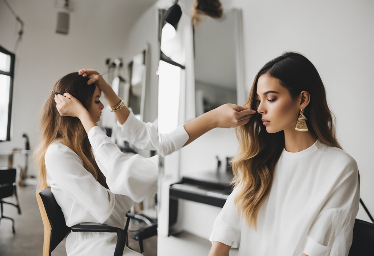 A stylist carefully applies various hair colors and highlights to a client's hair, using precision and skill to achieve the perfect look