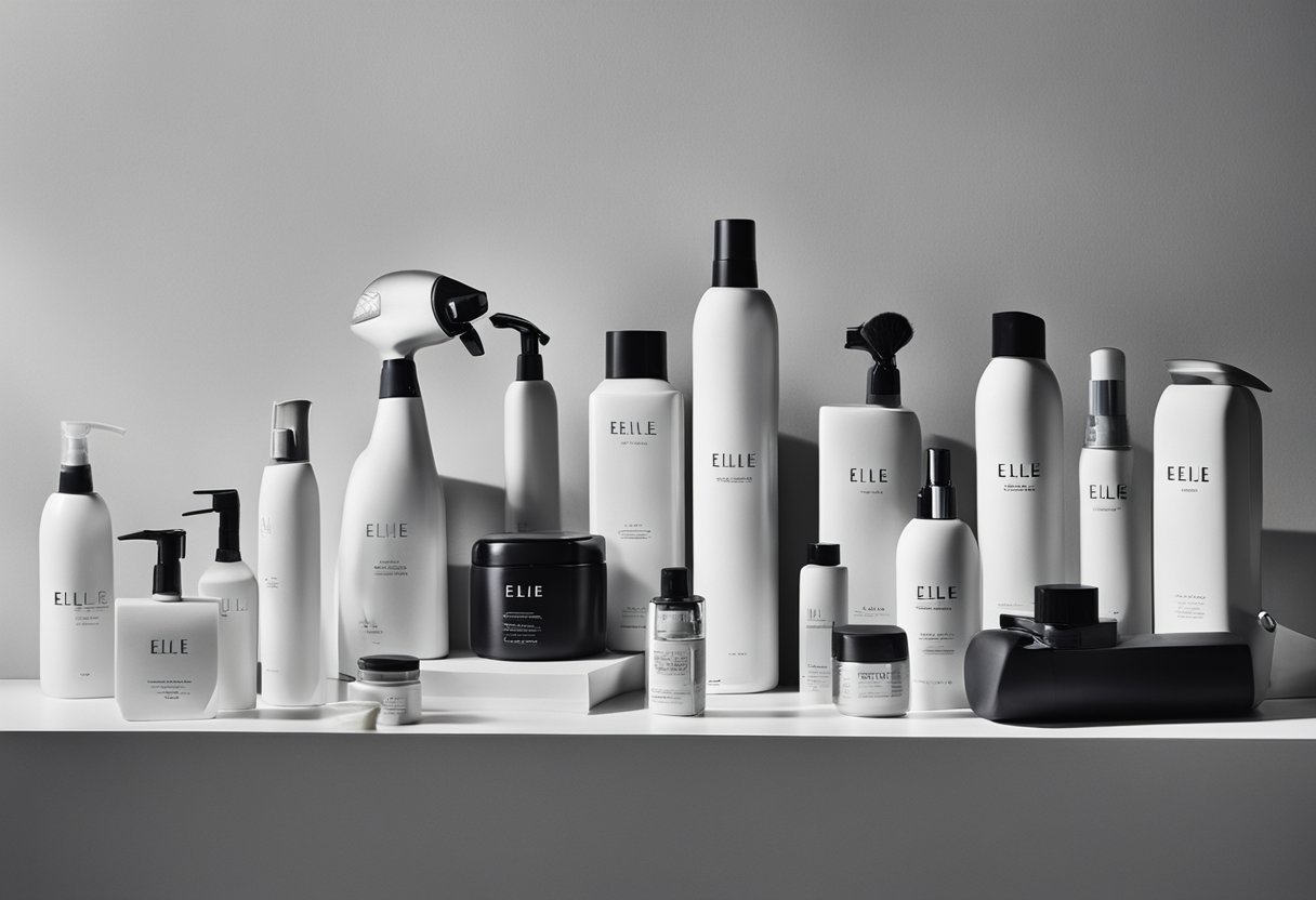 Various hair styling products and tools are neatly arranged on a sleek, modern countertop, including hair dryers, curling irons, brushes, and a variety of styling products in stylish packaging