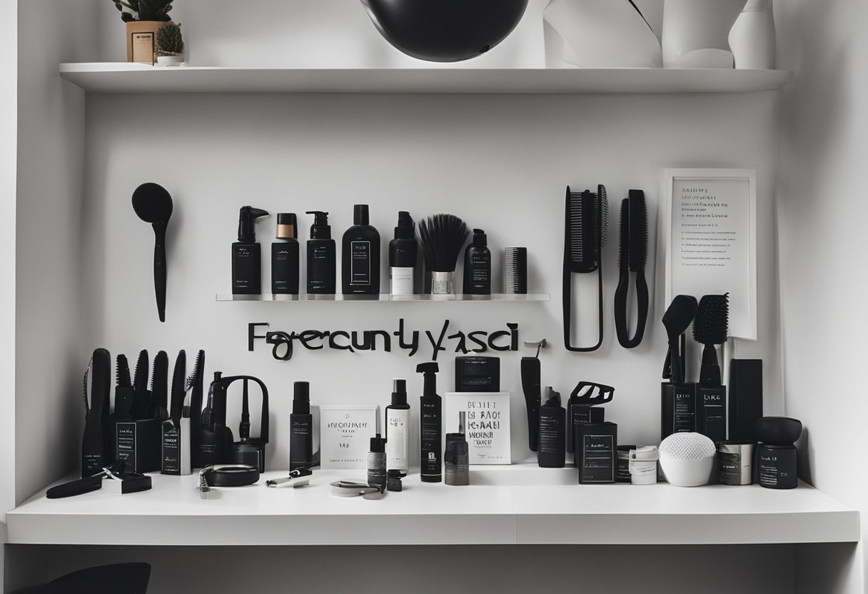 A display of various hair styling tools and products arranged neatly on a shelf with a "Frequently Asked Questions" sign above