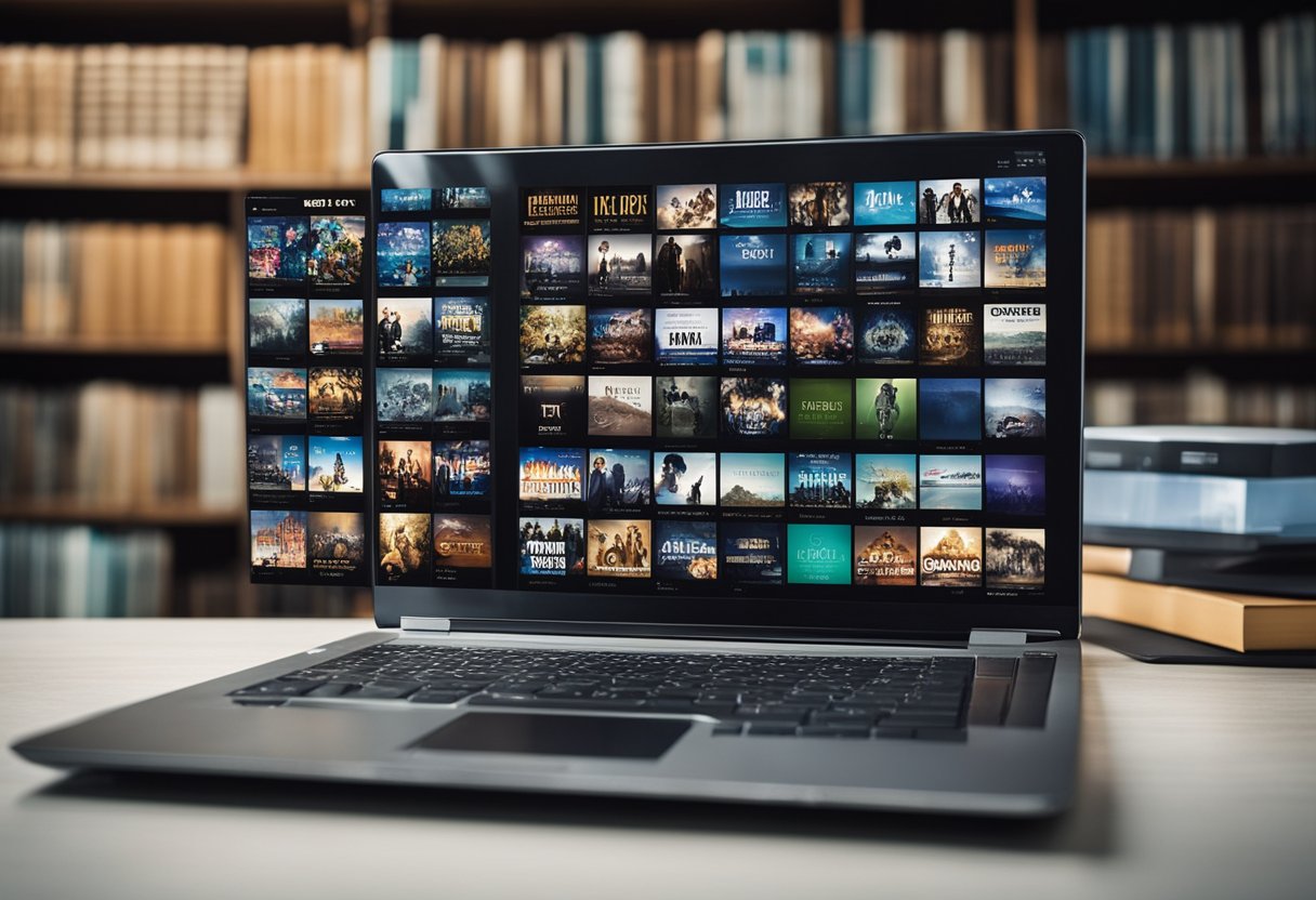 A collection of Dorama DVDs stacked on a shelf. A laptop with a streaming service open, displaying a variety of Dorama series