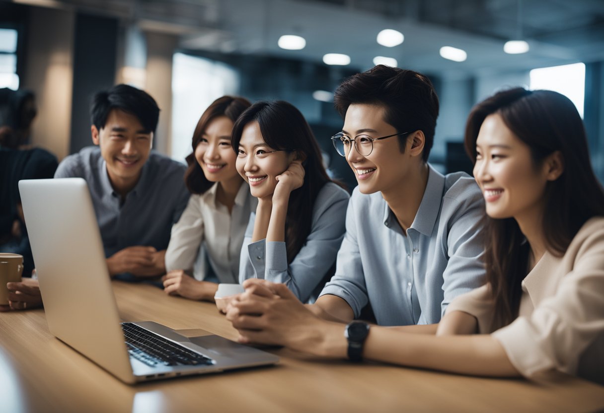 A group of people gathered around a computer, searching for free websites to watch doramas. They are engaged in lively discussion, sharing recommendations and tips with each other