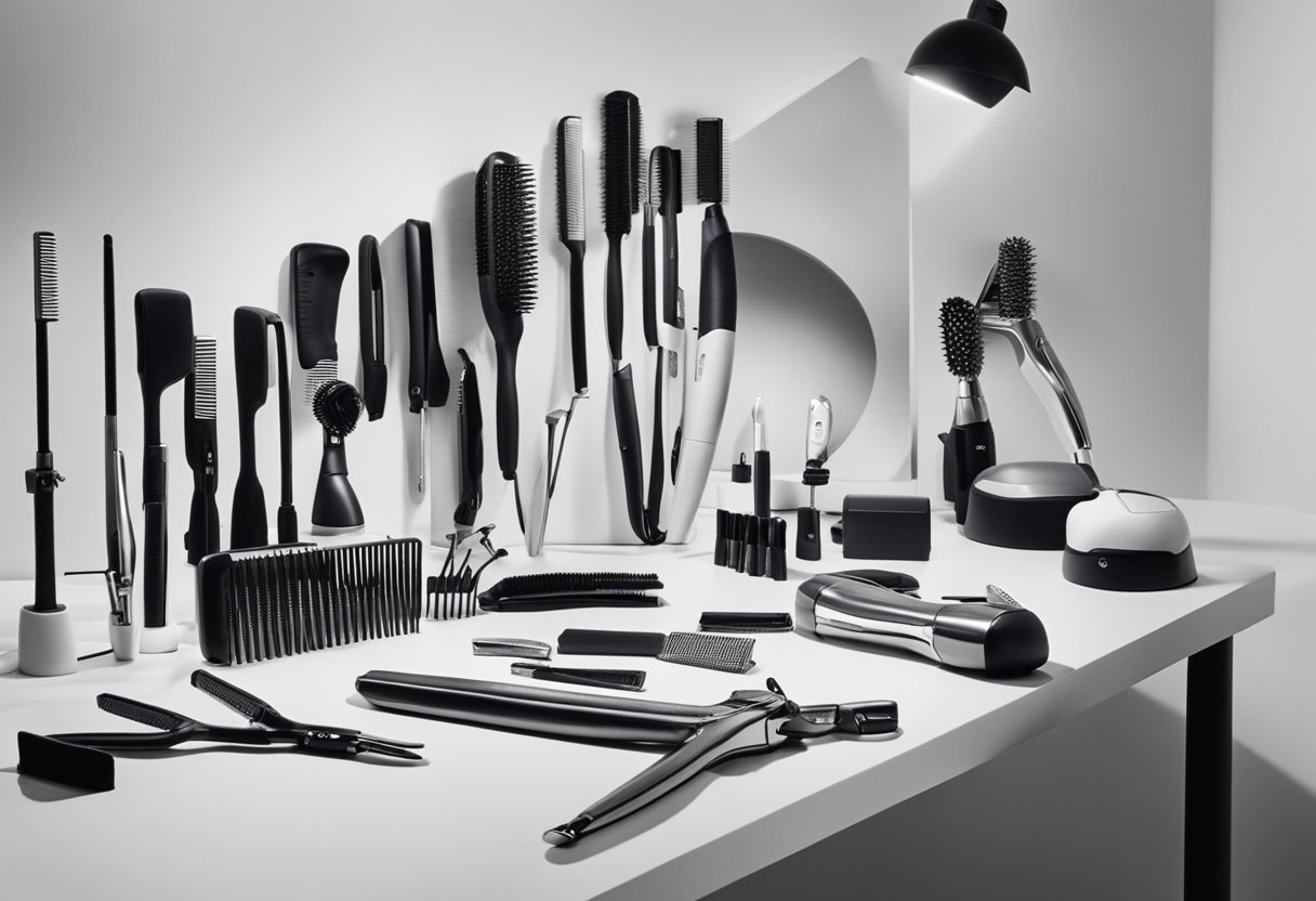 A table with various hair tools neatly arranged: hairdryer, straightener, curling iron, brushes, and combs. Bright lighting highlights the shiny surfaces