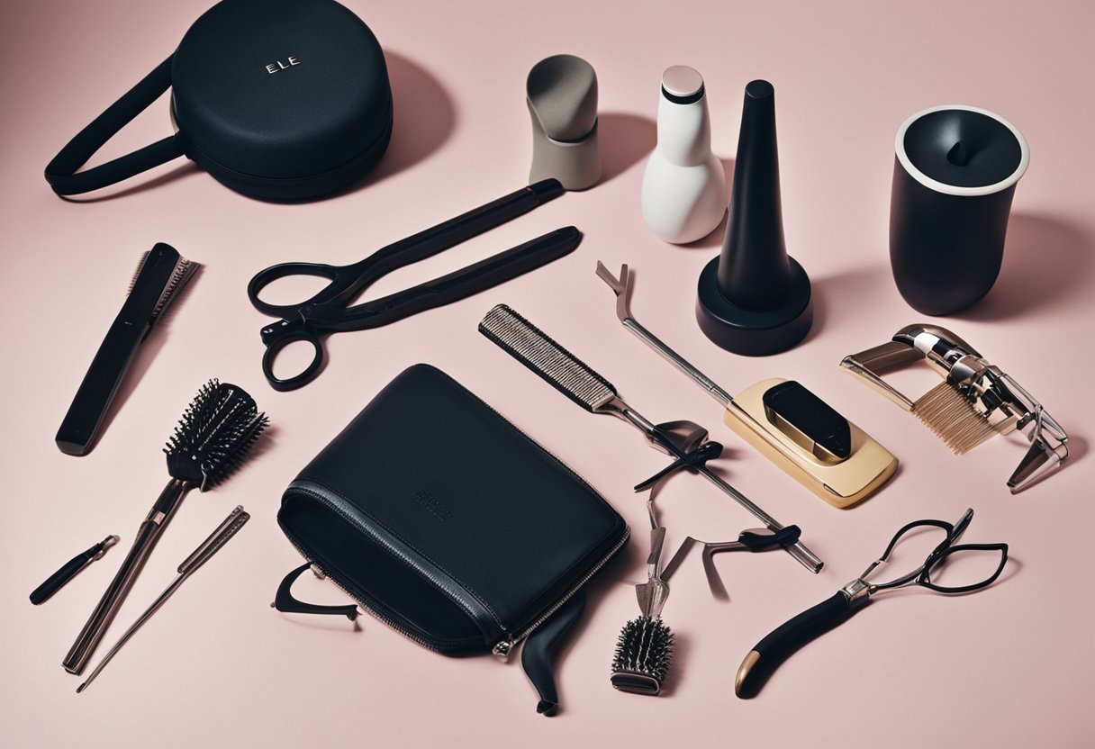 A table with a variety of hair tools: hair straightener, curling iron, blow dryer, and hairbrushes