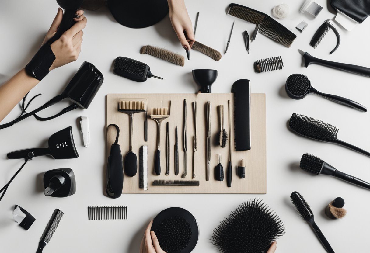 A hand reaches for various hair tools on a table, including a brush, comb, and hair dryer, with different hair types and textures displayed nearby