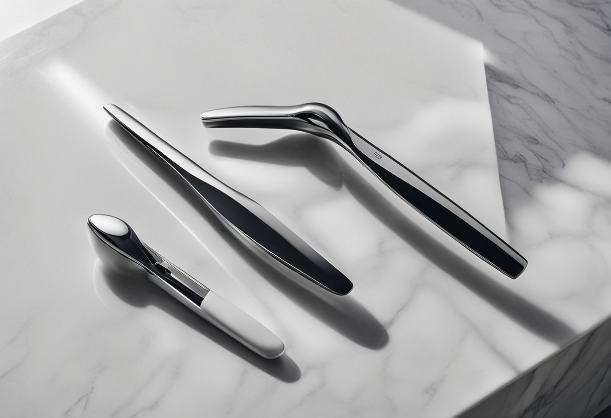 Sleek, modern hair tools on a marble countertop with soft, natural lighting. Ergonomic designs and high-quality materials are evident in the sleek, polished finishes