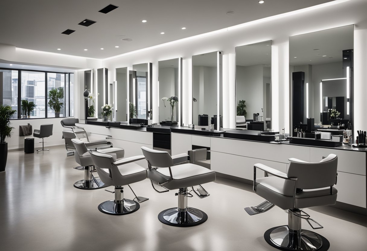 A sleek, modern salon workstation with top-of-the-line hair tools neatly arranged on a sleek countertop. Bright overhead lighting highlights the professional-grade tools, creating a clean and inviting atmosphere