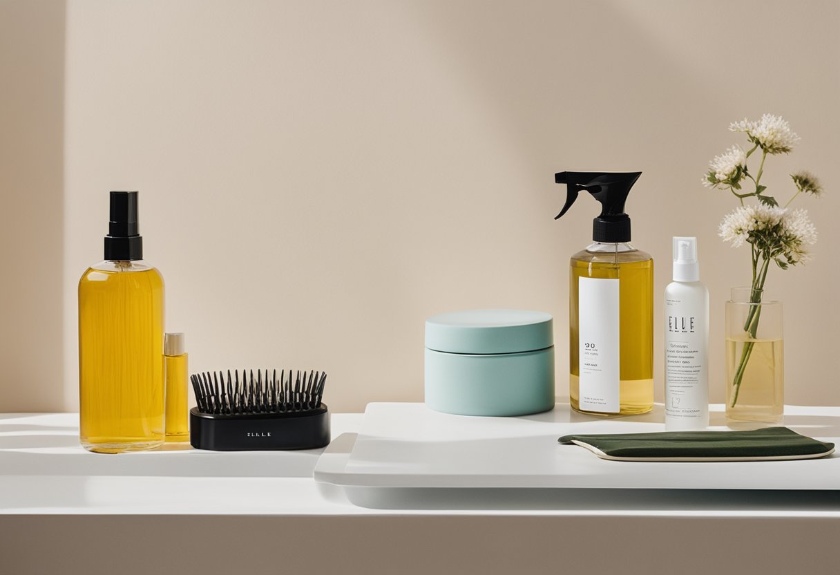 A hairbrush, wide-tooth comb, and heat protectant spray sit on a clean, organized vanity next to a bottle of nourishing hair oil