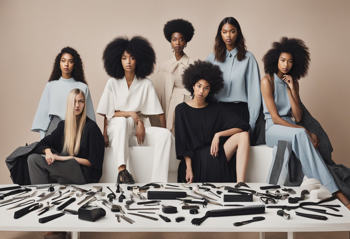 A table with various hair tools neatly arranged, surrounded by a group of people with question marks above their heads