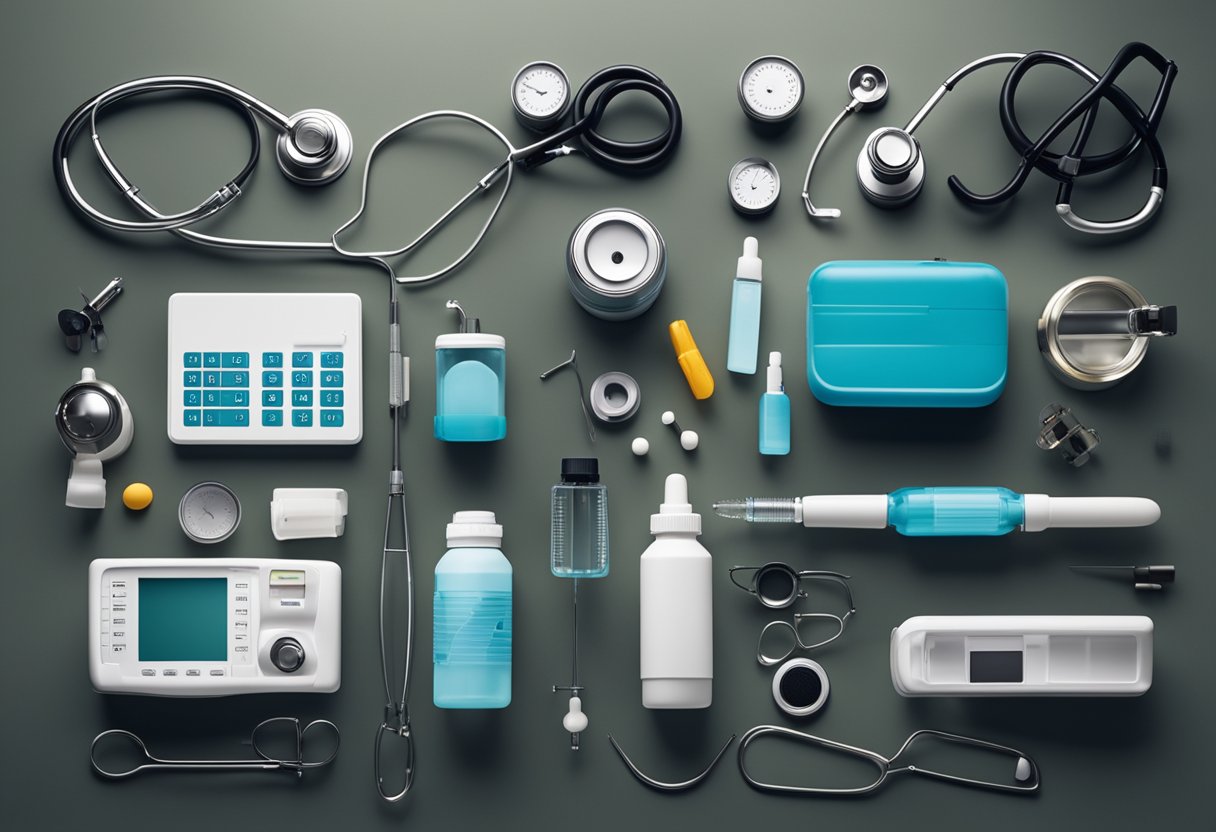 A group of medical tools and equipment arranged neatly on a hospital table, with a stethoscope, syringe, and various other instruments