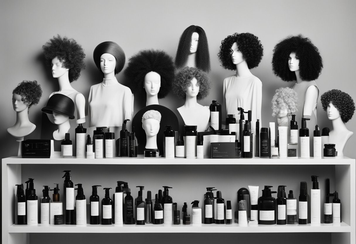 Various hair types and textures displayed on mannequin heads, including straight, wavy, curly, and coily. Hair products and tools are scattered around the display