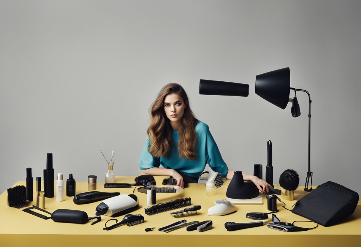 A table with a variety of hair styling tools: hair dryer, straightener, curling iron, brushes, combs, and hair clips