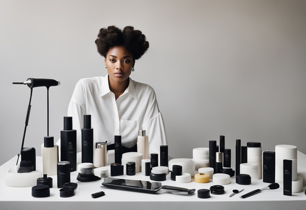 A table displaying various advanced styling products and accessories for hair, including hair rollers and other tools