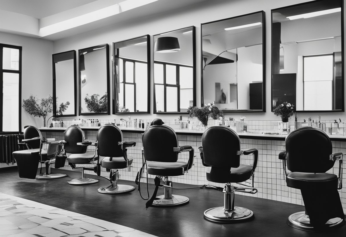 A hair salon scene with tools: scissors, combs, hairdryer, brushes, and styling products on a counter. Mirrors, salon chairs, and a sink in the background