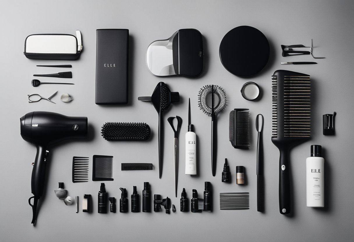 The hair salon essential tools are neatly arranged on a sleek black countertop, including hairdryers, combs, brushes, scissors, and various styling products