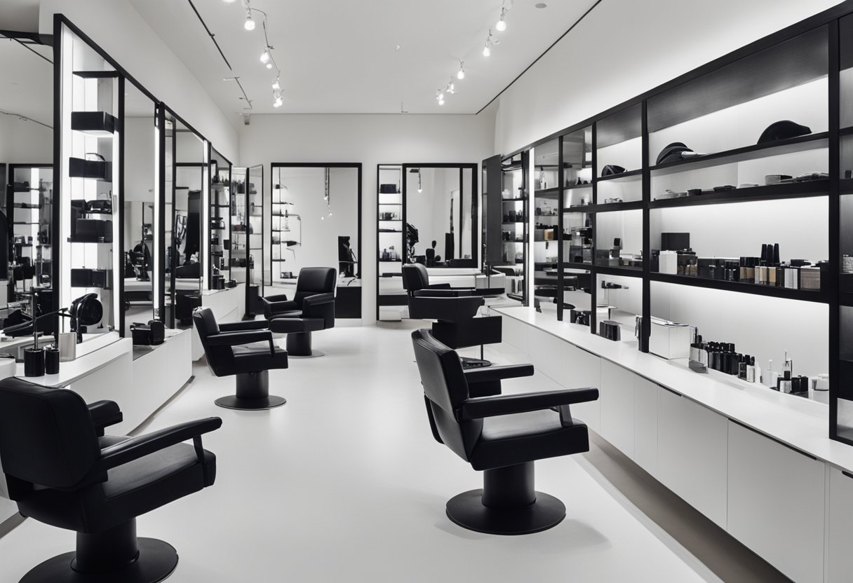 A modern hair salon with stylish tools and equipment, including ergonomic chairs, sleek hairdryers, and a variety of high-quality styling products neatly displayed on shelves